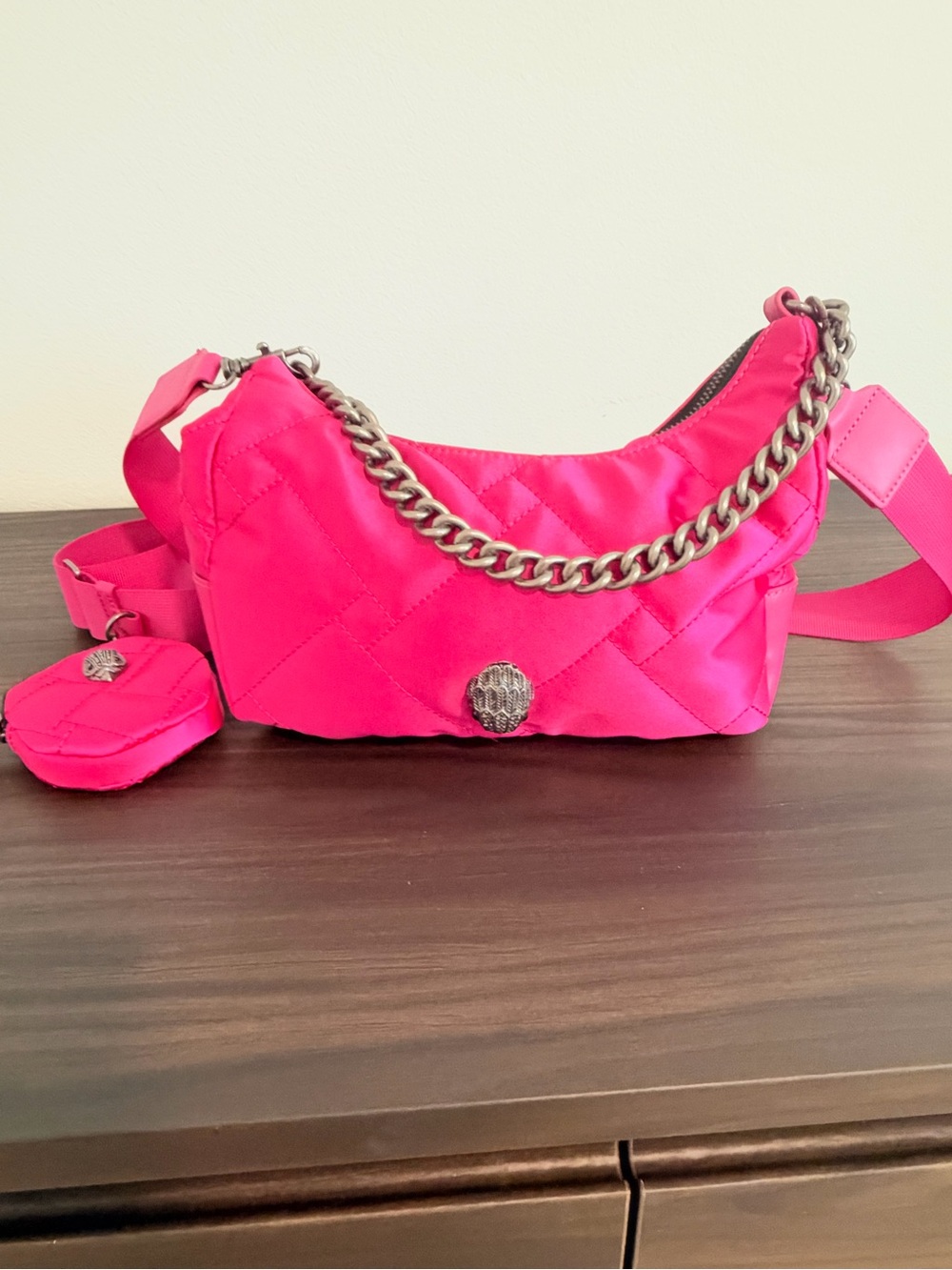 Kurt Geiger Neon Pink Quilted Crossbody with Silver Chain